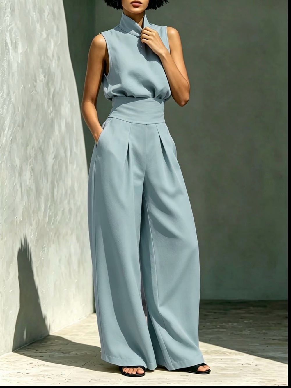 High-Waist Wide-Leg Jumpsuit in Soft Blue